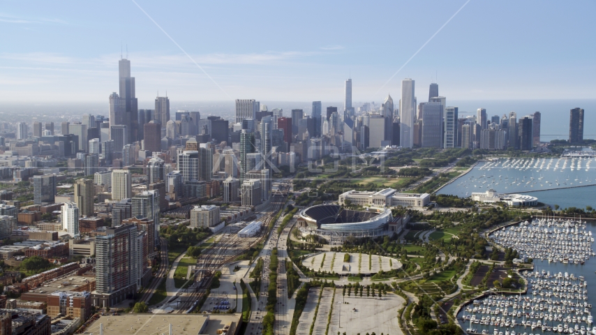 Soldier Field and Downtown Chicago skyline, Illinois Aerial Stock Photo AX0001_019.0000107F | Axiom Images