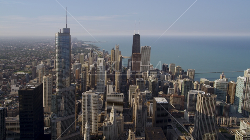 Skyscrapers, including Trump Tower Chicago and John Hancock Center, Downtown Chicago, Illinois Aerial Stock Photo AX0001_027.0000109F | Axiom Images