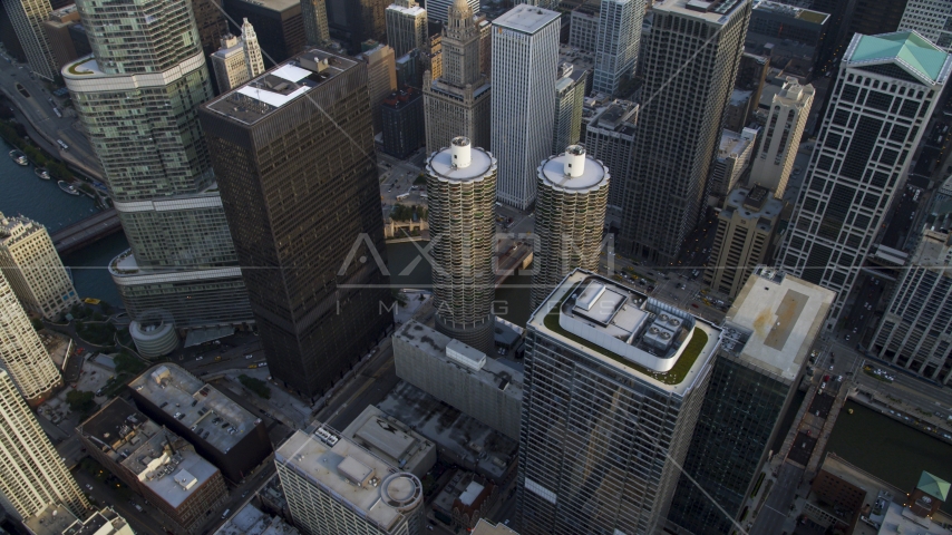 Marina City skyscrapers in Downtown Chicago, Illinois Aerial Stock Photo AX0001_041.0000449F | Axiom Images