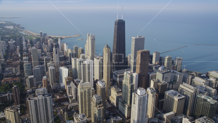 Skyscrapers around the John Hancock Center by Lake Michigan, Downtown Chicago, Illinois Aerial Stock Photo AX0001_085.0000037F | Axiom Images