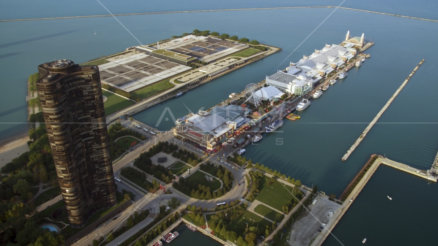 A view of Navy Pier on Lake Michigan, seen from Downtown Chicago, Illinois Aerial Stock Photo AX0001_120.0000347F | Axiom Images