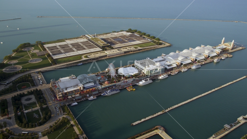 The historic Navy Pier in Lake Michigan, Chicago, Illinois Aerial Stock Photo AX0001_121.0000310F | Axiom Images