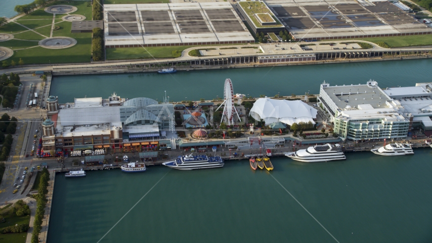 The Ferris Wheel on Navy Pier in Chicago, Illinois Aerial Stock Photo AX0001_122.0000069F | Axiom Images