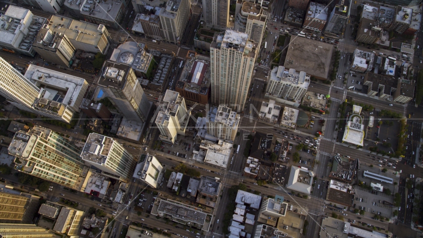 A bird's eye view of city streets and high-rises in Downtown Chicago, Illinois Aerial Stock Photo AX0001_134.0000099F | Axiom Images