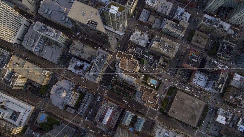 A bird's eye view of streets and buildings in Downtown Chicago, Illinois Aerial Stock Photo AX0001_135.0000214F | Axiom Images