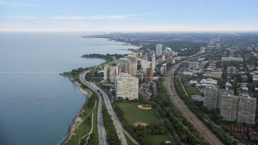 Highway 41 and apartment buildings in Hyde Park, Chicago, Illinois Aerial Stock Photo AX0001_158.0000000F | Axiom Images