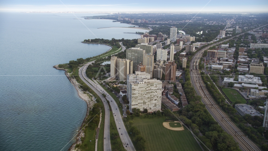 Highway 41 beside apartment buildings in Hyde Park, Chicago, Illinois Aerial Stock Photo AX0001_158.0000208F | Axiom Images