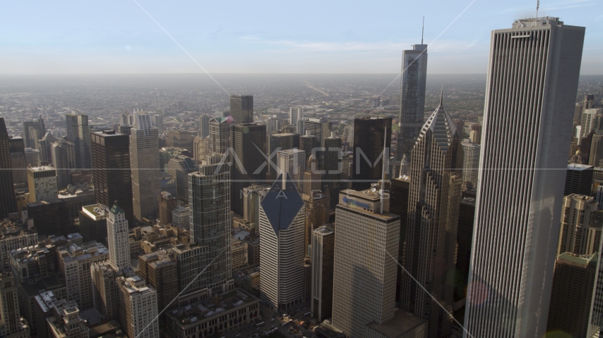 Aon Center and skyscrapers around Chicago River, Downtown Chicago, Illinois Aerial Stock Photo AX0002_008.0000000F | Axiom Images