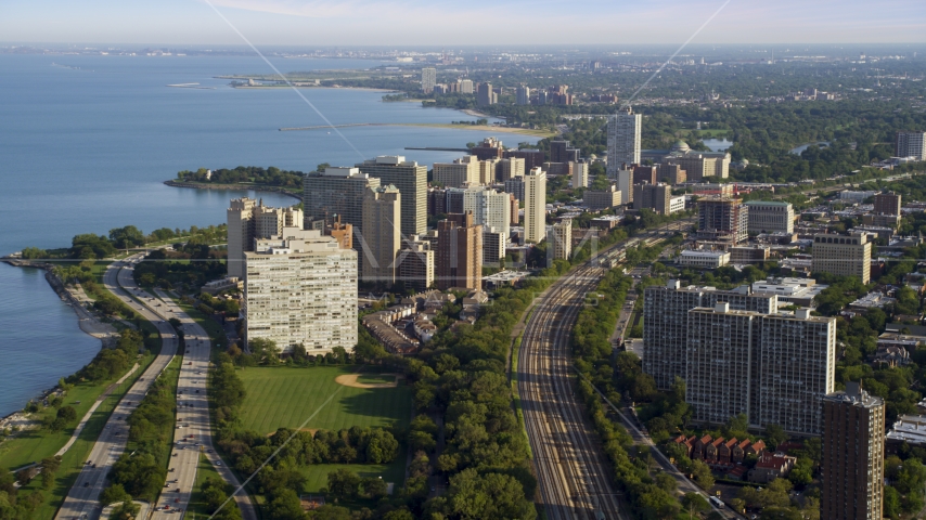 Waterfront apartment buildings in Hyde Park, Chicago, Illinois Aerial Stock Photo AX0002_093.0000389F | Axiom Images