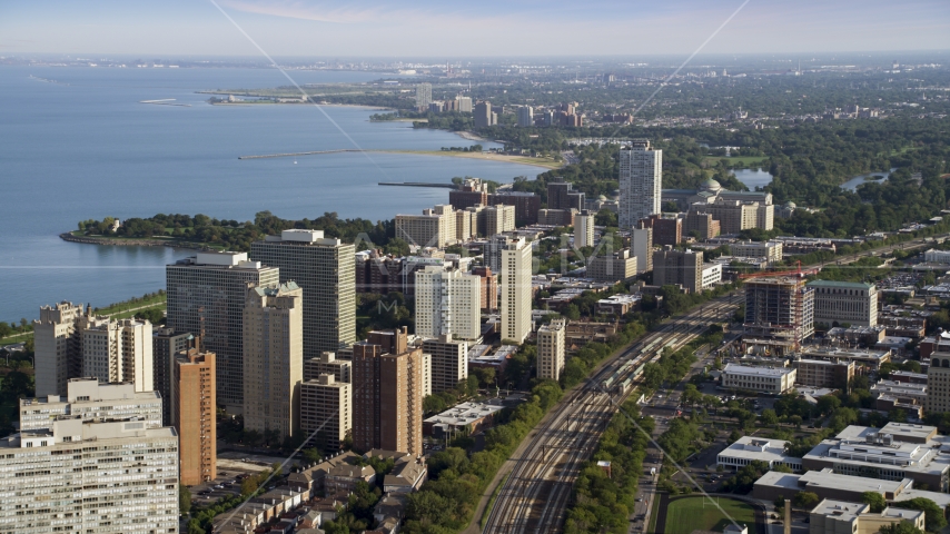 Hyde Park apartment buildings overlooking Lake Michigan, Chicago, Illinois Aerial Stock Photo AX0002_094.0000243F | Axiom Images