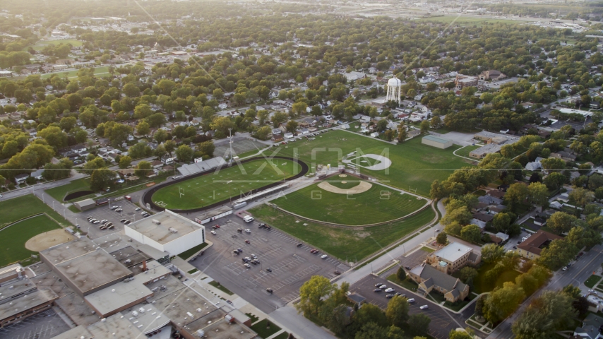 Thornton Fractional South High School at sunset, Lansing, Illinois Aerial Stock Photo AX0003_001.0000193F | Axiom Images