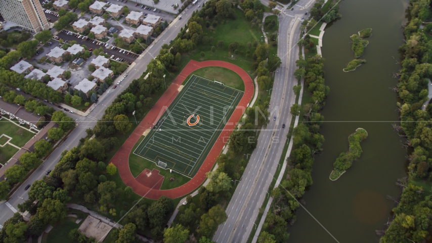 A hockey field in Jackson Park at twilight, Chicago, Illinois Aerial Stock Photo AX0003_018.0000049F | Axiom Images