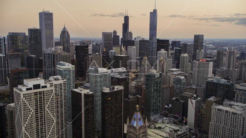 Downtown Chicago skyscrapers at twilight, Illinois Aerial Stock Photo AX0003_078.0000155F | Axiom Images