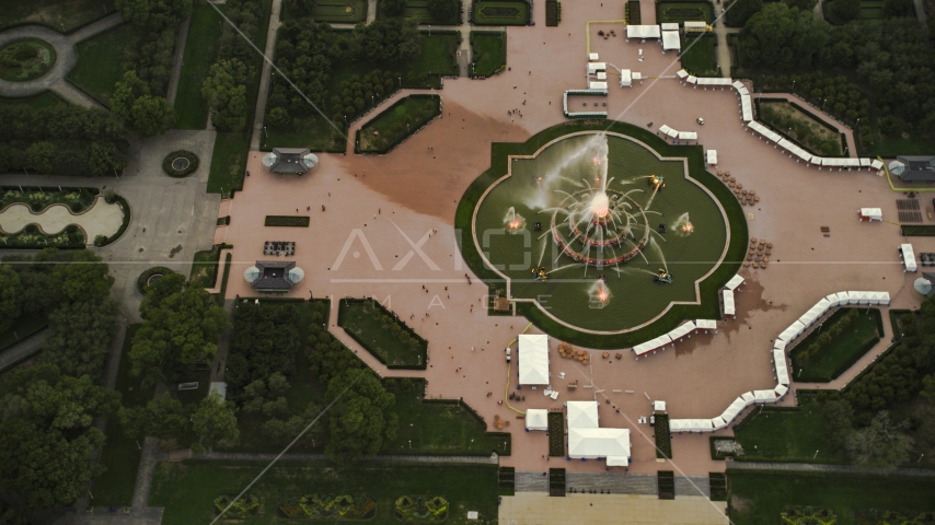 Buckingham Fountain in Grant Park, at twilight, Downtown Chicago, Illinois Aerial Stock Photo AX0003_082.0000071F | Axiom Images