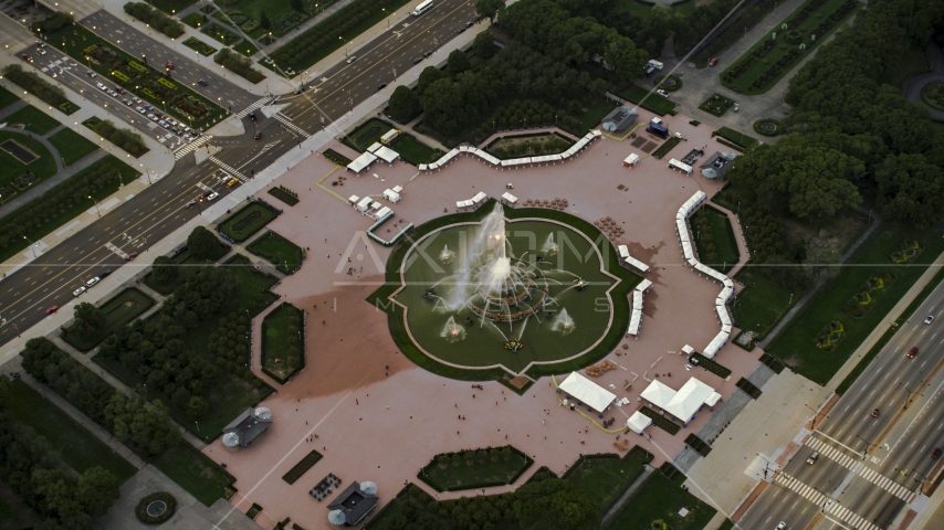 Buckingham Fountain at twilight in Grant Park, Downtown Chicago, Illinois Aerial Stock Photo AX0003_082.0000264F | Axiom Images