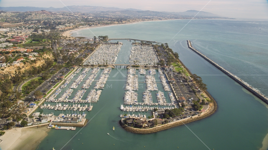 Boats docked at Dana Point Harbor in Dana Point, California Aerial Stock Photo AX0159_192.0000307 | Axiom Images