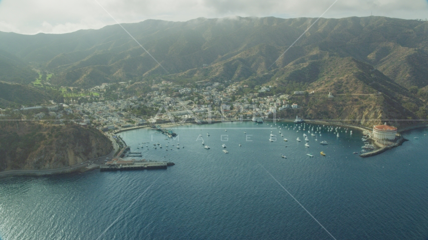 Avalon Bay and the town of Avalon, Catalina Island, California Aerial Stock Photo AX0159_256.0000300 | Axiom Images