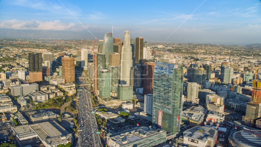 Tall skyscrapers and The Ritz-Carlton hotel in Downtown Los Angeles, California Aerial Stock Photo AX0162_006.0000107 | Axiom Images