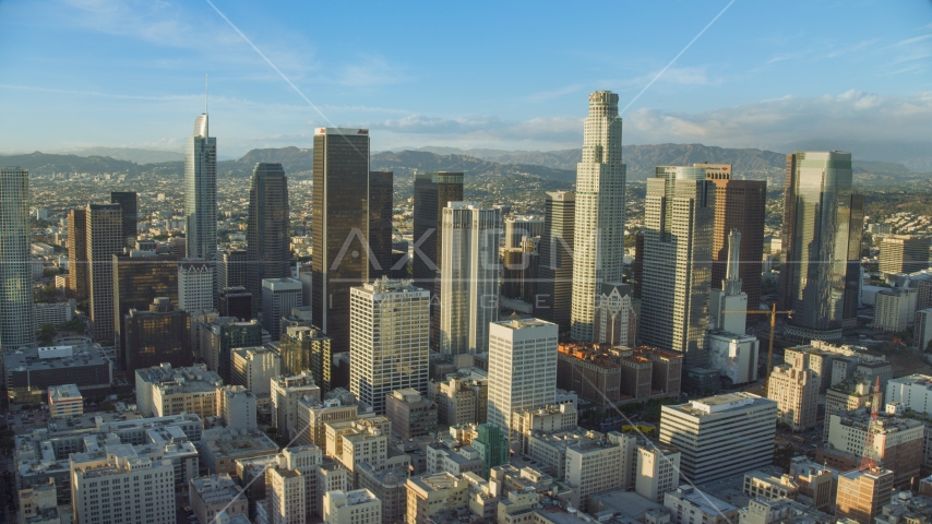 The giant skyscrapers of Downtown Los Angeles, California Aerial Stock Photo AX0162_008.0000346 | Axiom Images