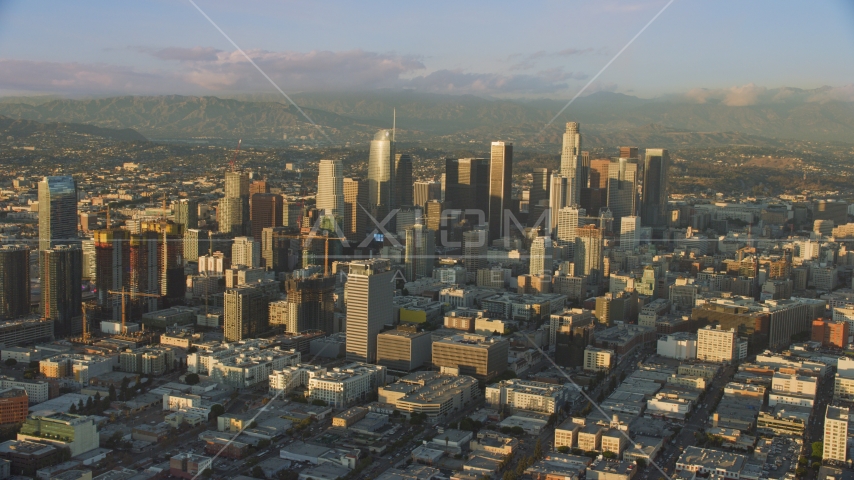 Towering skyscrapers and high-rises in Downtown Los Angeles, California Aerial Stock Photo AX0162_065.0000110 | Axiom Images