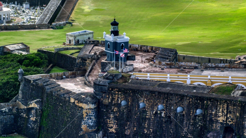 Castillo San Felipe del Morro lighthouse, Old San Juan, Puerto Rico Aerial Stock Photo AX101_023.0000000F | Axiom Images