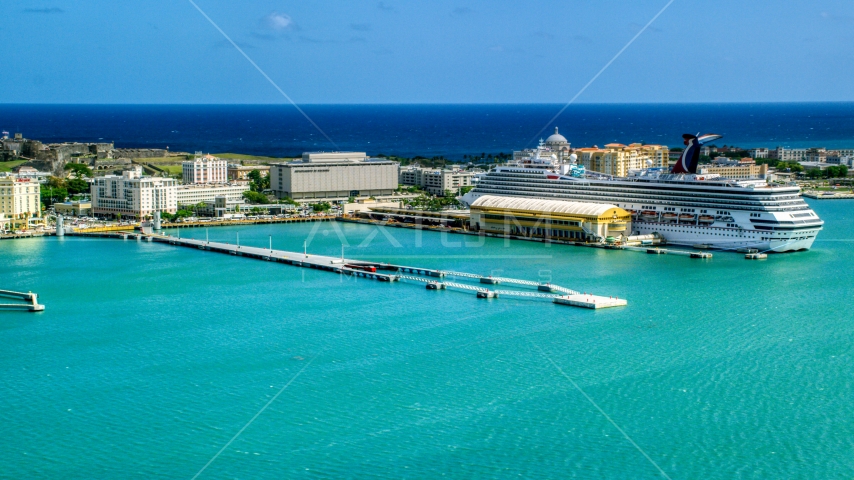 Cruise ship docked at the Port of San Juan, Puerto Rico  Aerial Stock Photo AX101_237.0000000F | Axiom Images