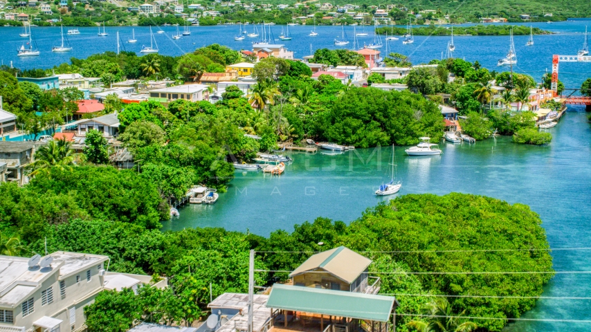 Boats in a cove at a small oceanside island town, Culebra, Puerto Rico  Aerial Stock Photo AX102_151.0000000F | Axiom Images