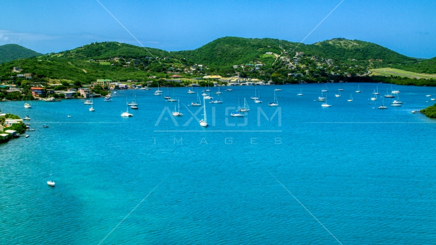 Sailboats in sapphire blue harbor near the coast, Culebra, Puerto Rico Aerial Stock Photo AX102_160.0000269F | Axiom Images