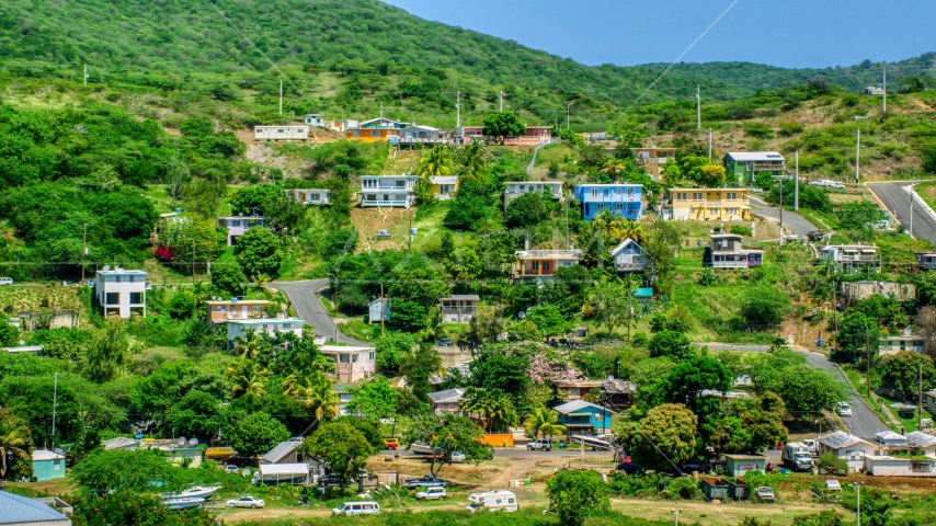 Residential neighborhoods on a hillside, Culebra, Puerto Rico  Aerial Stock Photo AX102_165.0000000F | Axiom Images