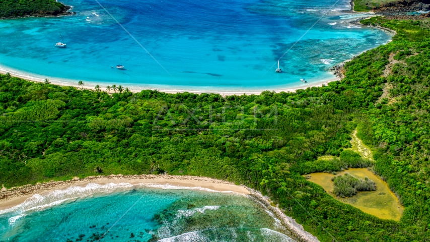 White sand Caribbean beaches, catamarans, and turquoise water in Culebrita, Puerto Rico Aerial Stock Photo AX102_188.0000218F | Axiom Images