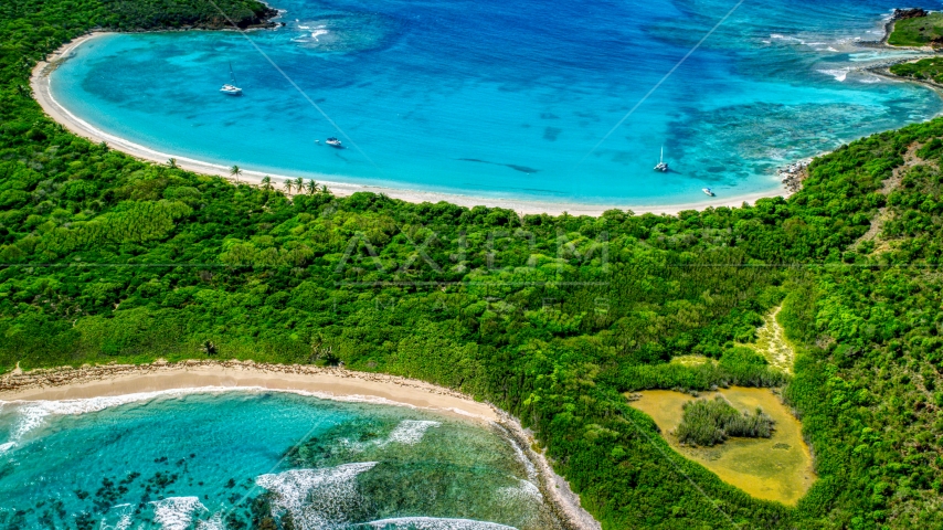 Turquoise waters and white sand Caribbean island beaches with trees, Culebrita, Puerto Rico Aerial Stock Photo AX102_189.0000000F | Axiom Images