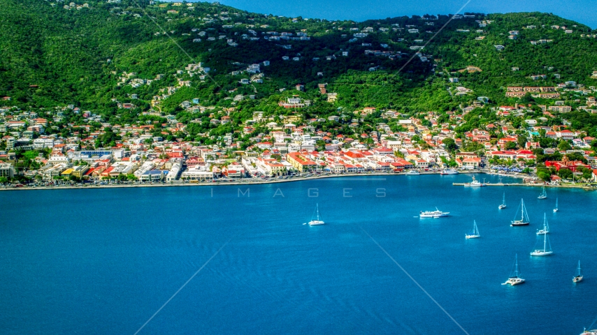 Green hills and the island town of Charlotte Amalie, St. Thomas, US Virgin Islands Aerial Stock Photo AX102_208.0000276F | Axiom Images