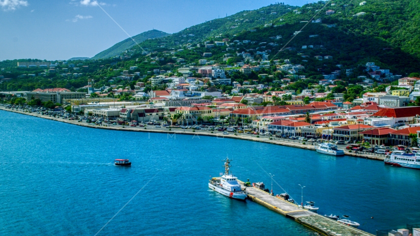 Island town and hills beside the harbor in Charlotte Amalie, St Thomas, the US Virgin Islands  Aerial Stock Photo AX102_225.0000282F | Axiom Images