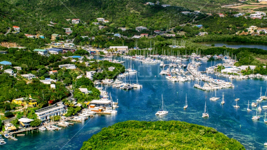 Boats in an island marina, Benner Bay, St Thomas Aerial Stock Photo AX102_239.0000000F | Axiom Images