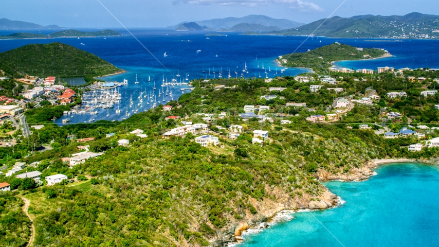 Boats and marina in Vessup Bay in Red Hook near island homes, St Thomas, the US Virgin Islands  Aerial Stock Photo AX102_241.0000000F | Axiom Images