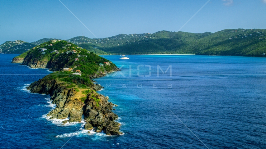 Picara Point and the crystal blue water in Magens Bay, St Thomas, USVI Aerial Stock Photo AX102_279.0000282F | Axiom Images