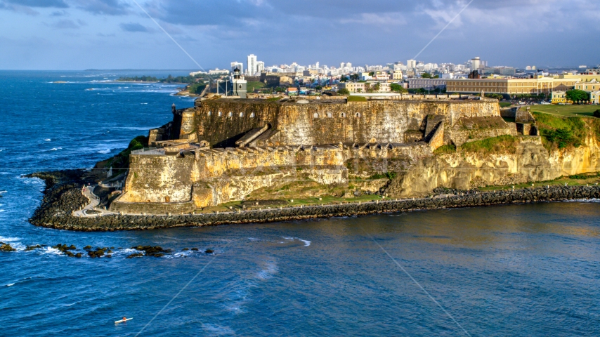 Historic Fort San Felipe del Morro, Old San Juan, sunset Aerial Stock Photo AX104_006.0000000F | Axiom Images