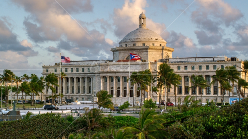 The San Juan Capitol Building, Old San Juan, Puerto Rico, sunset Aerial Stock Photo AX104_047.0000000F | Axiom Images