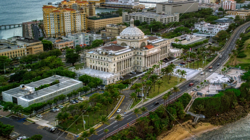 San Juan Capitol Building near the coast, Puerto Rico, sunset Aerial Stock Photo AX104_077.0000117F | Axiom Images