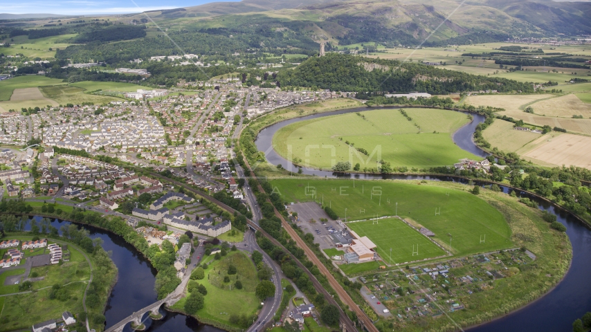 The Wallace Monument and the River Forth, Scotland Aerial Stock Photo AX109_044.0000000F | Axiom Images