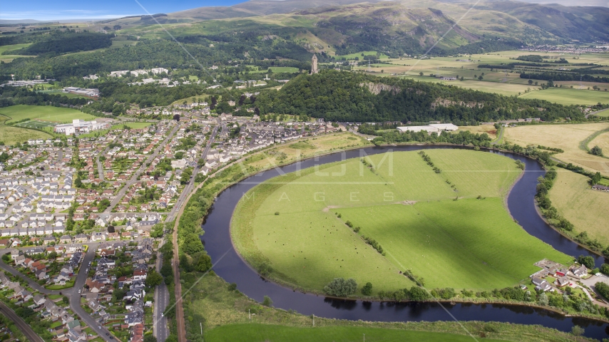 The historic Wallace Monument seen from the River Forth, Scotland Aerial Stock Photo AX109_045.0000000F | Axiom Images