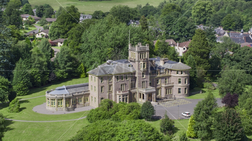 The front of Manor Hall Center for Trauma hospital, Doune Scotland Aerial Stock Photo AX109_085.0000226F | Axiom Images