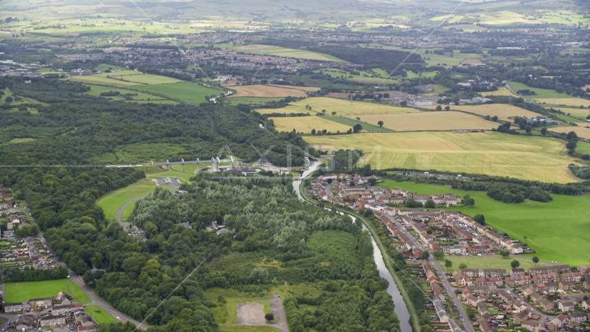 The Falkirk Wheel boat lift by Union Canal and Scottish countryside, Scotland Aerial Stock Photo AX109_159.0000121F | Axiom Images