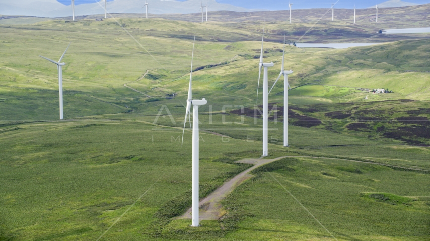 Windmills and green countryside, Denny, Scotland Aerial Stock Photo AX110_013.0000000F | Axiom Images