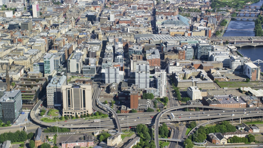 City office buildings in Glasgow, Scotland Aerial Stock Photo AX110_157.0000086F | Axiom Images