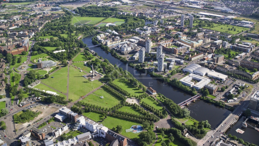 Monument and museum in Glasgow Green park by River Clyde, Scotland Aerial Stock Photo AX110_160.0000232F | Axiom Images