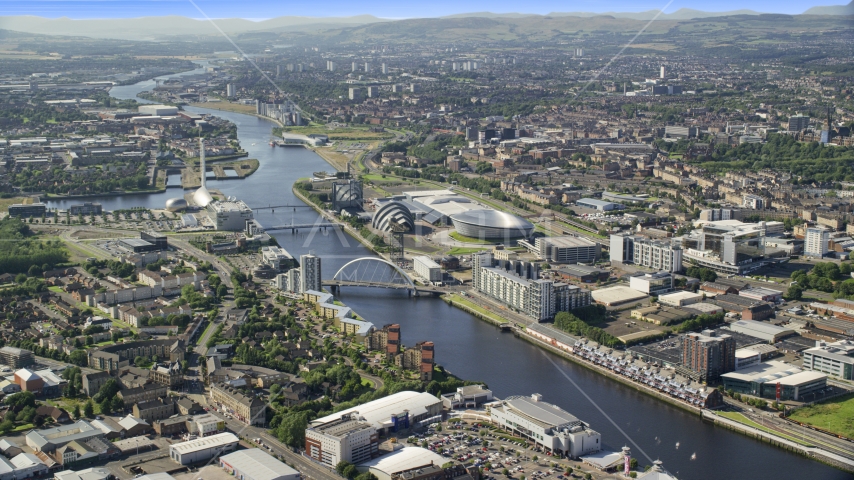 Scotland's National Arena and Clyde Auditorium along River Clyde, Glasgow, Scotland Aerial Stock Photo AX110_169.0000000F | Axiom Images