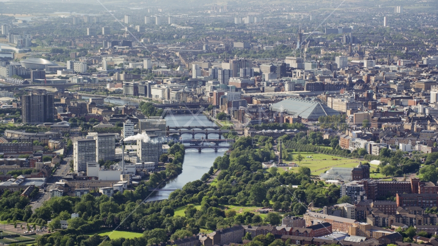 A city view with the River Clyde, Glasgow, Scotland Aerial Stock Photo AX110_190.0000032F | Axiom Images