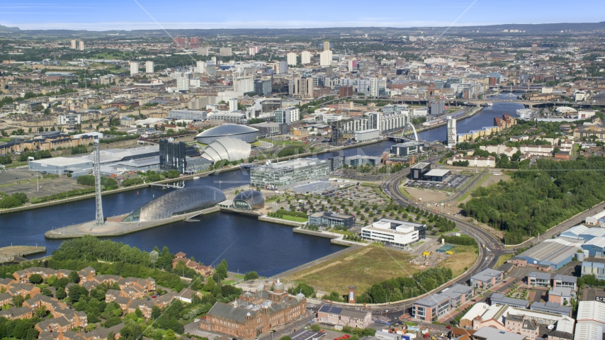 The River Clyde, arena and concert hall in Glasgow, Scotland Aerial Stock Photo AX110_204.0000273F | Axiom Images