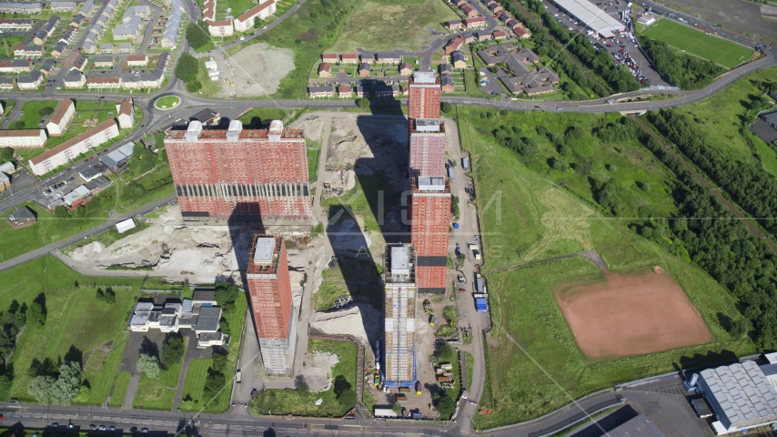 A group of tall apartment buildings in Glasgow, Scotland Aerial Stock Photo AX110_216.0000159F | Axiom Images